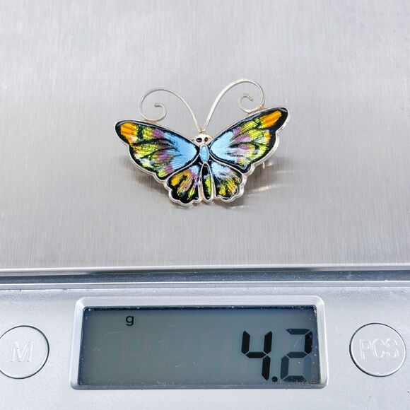 David Andersen Guilloche Multicolor Enamel Sterling Silver Butterfly Pin Brooch - Picture 6 of 7
